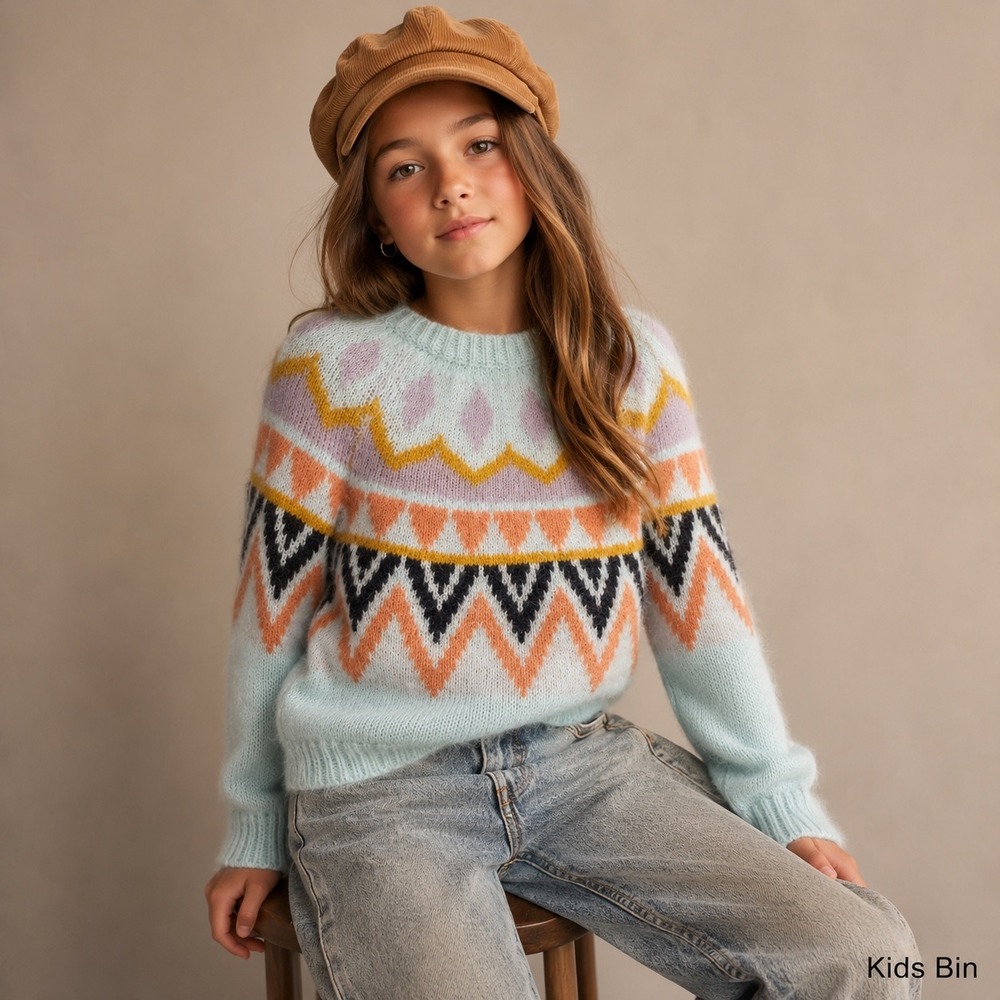 Cat & Jack Kids XL Fair Isle Fuzzy Knit Sweater Mint Green Geometric Pullover